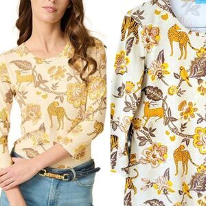 J. McLaughlin Signature Tee Sand Gold Tigris Blossom Top Animal Print Sz XL